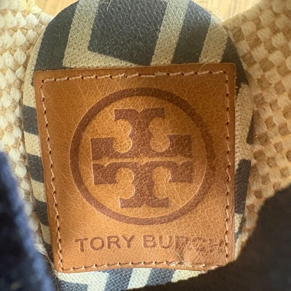 $248 TORY BURCH‎ Ines Wedge Espadrille Navy Geometric Sandal Ankle Tie EU35;US5